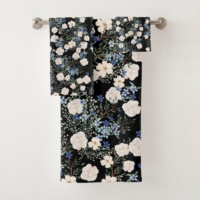 Conjunto De Toalhas Floral Aquarela Flores Selvagens Folhas Azuis Rosa (Insitu)