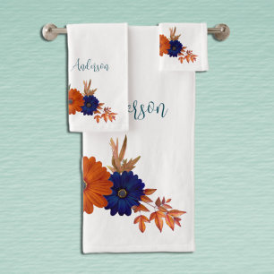 Conjunto De Toalhas Floral Azul Marinho Laranja Russo de Outono