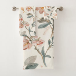 Conjunto De Toalhas Floral Botanical Watercolor Leaves Beige Painted