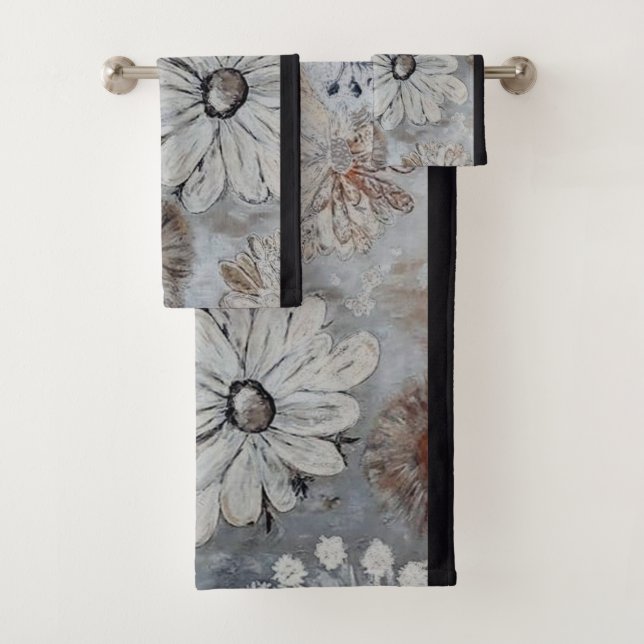 Conjunto De Toalhas Floral Branco Elegante Com Cinza (Insitu)