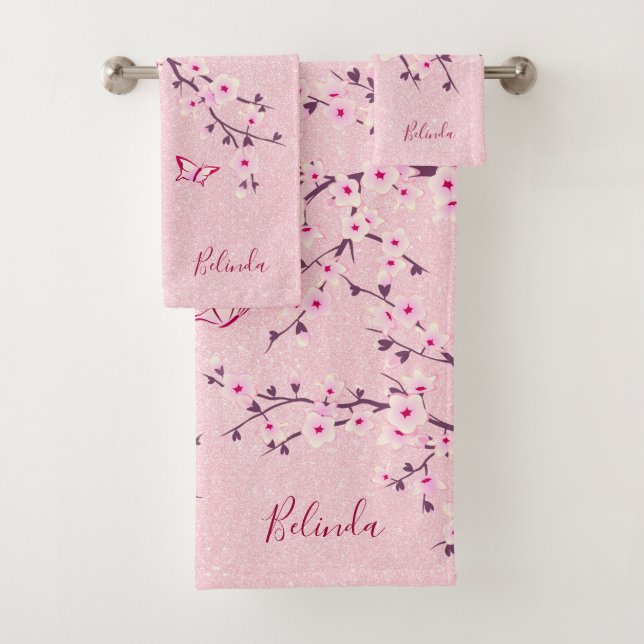 Conjunto De Toalhas Floral Cereja Blossom Monograma Nome Linho Rosa (Insitu)