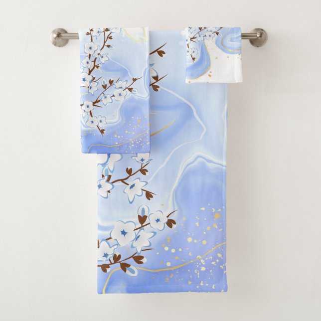 Conjunto De Toalhas Floral Cherry Blossomo White Blue Tinta  (Insitu)