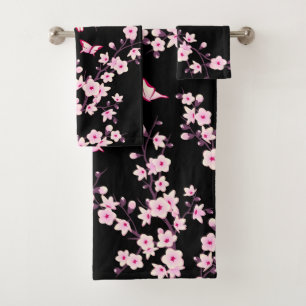 Conjunto De Toalhas Floral Cherry Blossoms PINK BLACK