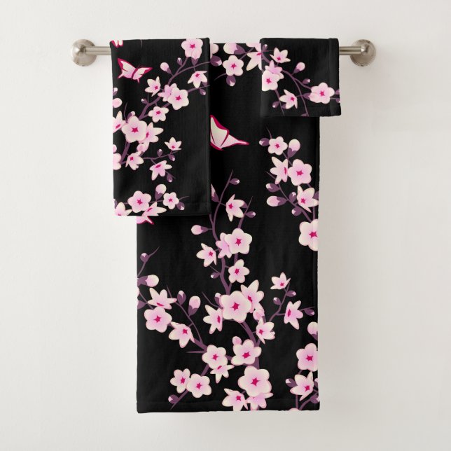 Conjunto De Toalhas Floral Cherry Blossoms PINK BLACK (Insitu)