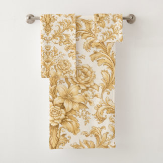 Conjunto De Toalhas Floral Damasco Dourado