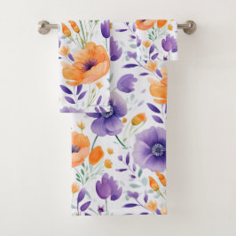 Conjunto De Toalhas Floral de Flor Selvagem de Cor Púrpura Laranja