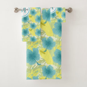 Conjunto De Toalhas floral de monograma amarelo e azul 