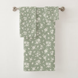 Conjunto De Toalhas Floral Delicado Neutro Suave Verde Sage Cottagecor