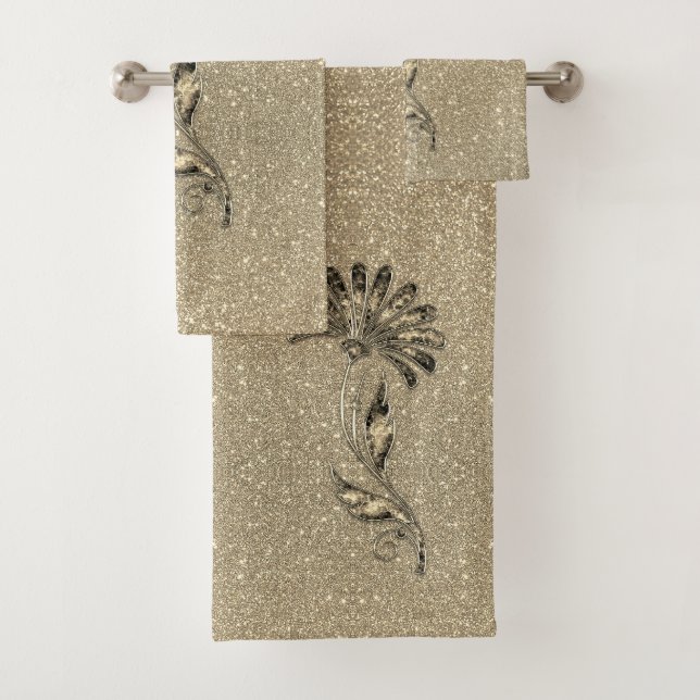 Conjunto De Toalhas Floral Elegante Dourado com Glittery (Insitu)