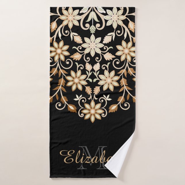 Conjunto De Toalhas Floral Elegante Preto e Dourado (Toalha de Banho)