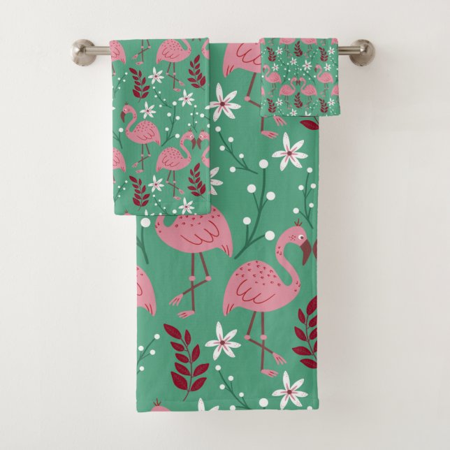 Conjunto De Toalhas Floral flamingo sem costura, padrão rosa verde (Insitu)