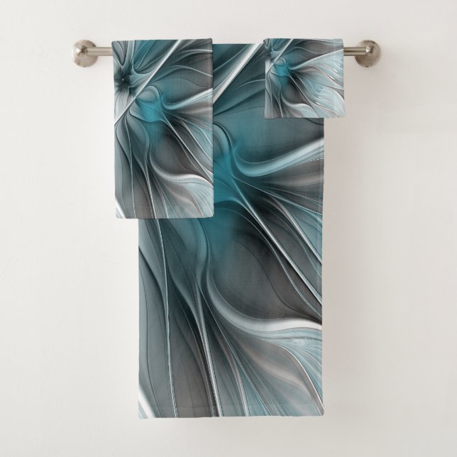 Conjunto De Toalhas Floral Fractal Moderno Abstrato Flor Azul Cinza (Insitu)