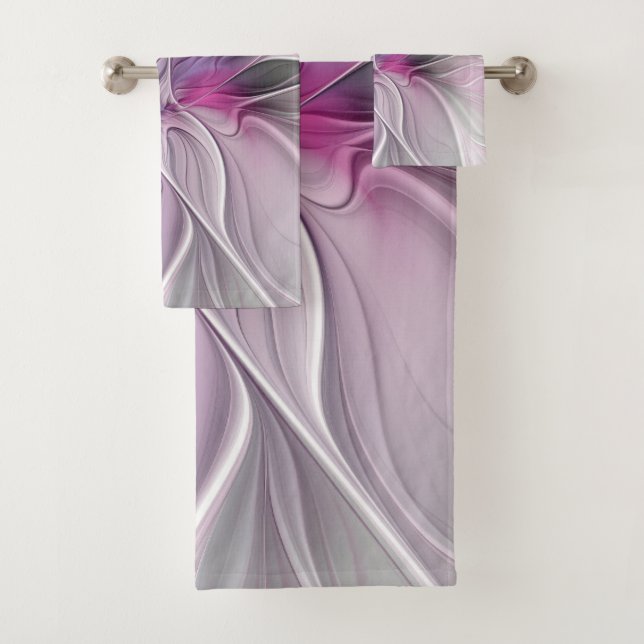Conjunto De Toalhas Floral Fractal Moderno Abstrato Flor Rosa Cinza (Insitu)
