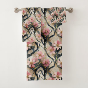 Conjunto De Toalhas Floral Japonês Rosa Dourado
