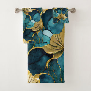 Conjunto De Toalhas Floral Japonês Verde Água Dourado