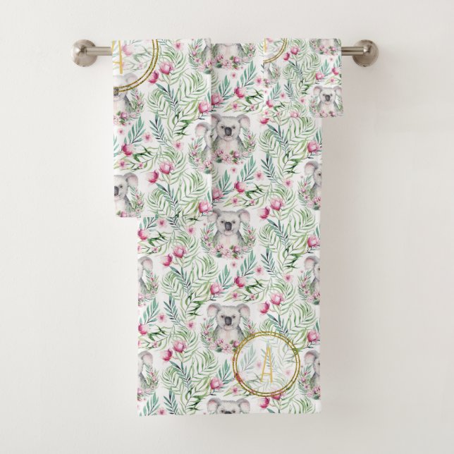 Conjunto De Toalhas Floral KOALA BEAR Monograma Raparigas Quarto (Insitu)