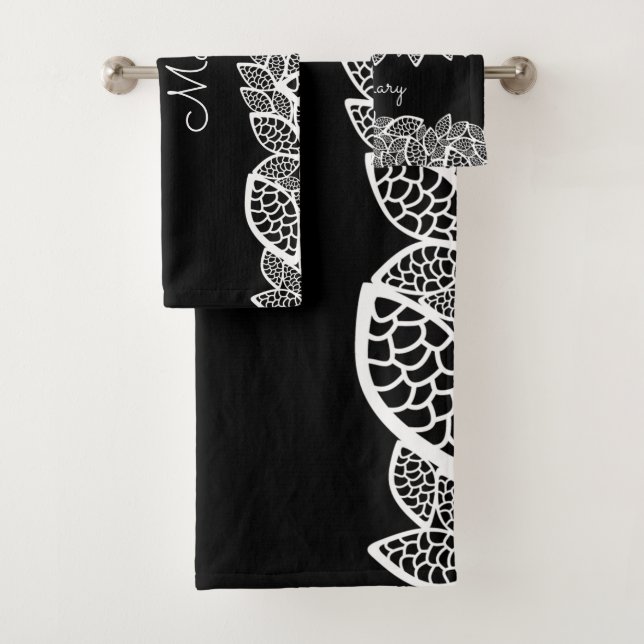 Conjunto De Toalhas Floral Lace Seu Nome Preto Branco (Insitu)