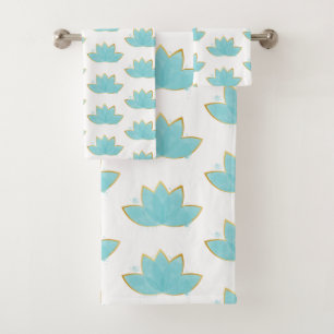 Conjunto De Toalhas Floral Lotus Watercolor Seafoam Azul e Faux Dourad