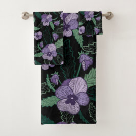 Conjunto De Toalhas Floral Pansy com Folhagem em Fundo Escuro