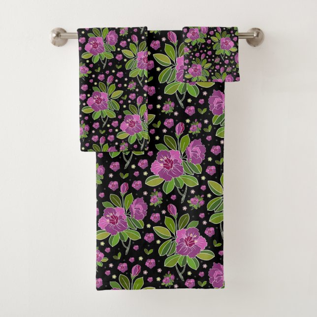 Conjunto De Toalhas Floral Pattern Lilac Pink Green Black (Insitu)