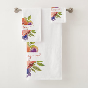 Conjunto De Toalhas Floral personalizado com aguarela roxa e laranja