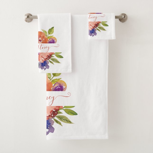 Conjunto De Toalhas Floral personalizado com aguarela roxa e laranja  (Insitu)