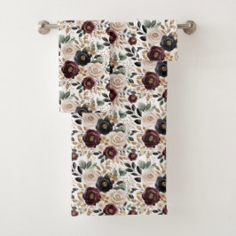 Conjunto De Toalhas Floral Preto Creme Borgonha