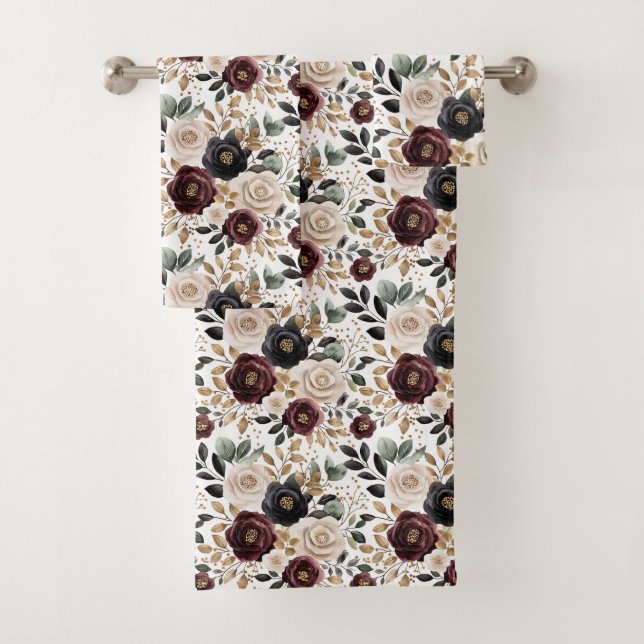 Conjunto De Toalhas Floral Preto Creme Borgonha (Insitu)