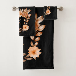 Conjunto De Toalhas Floral Preto Marrom e Pêssego Monogramado