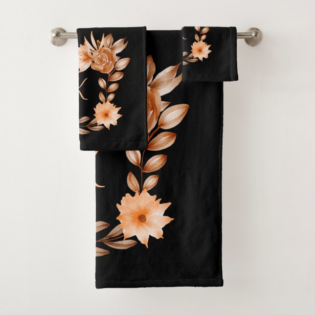 Conjunto De Toalhas Floral Preto Marrom e Pêssego Monogramado (Insitu)