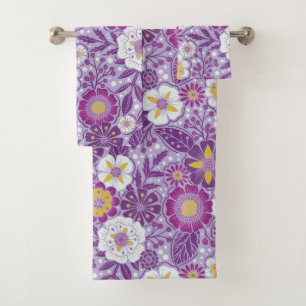 Conjunto De Toalhas Floral púrpura, amarela e magenta
