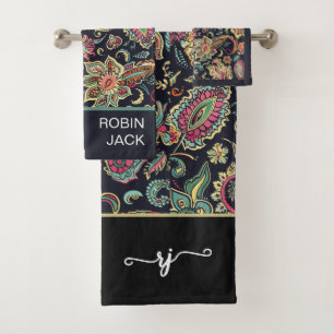 Conjunto De Toalhas Floral Retro Personalizado Preto Paisley