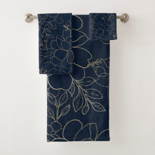 Conjunto De Toalhas Floral tirado do ouro dos azuis marinhos mão à