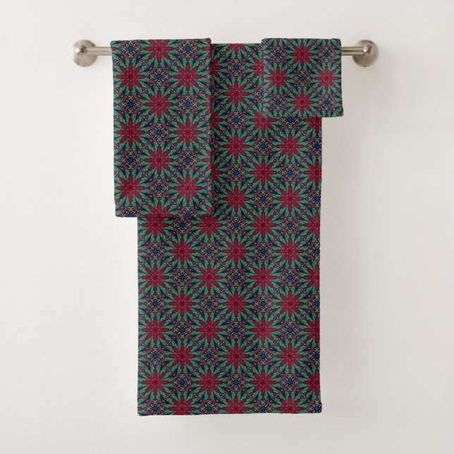 Conjunto De Toalhas Floral Vermelho Com Verde e Azul (Insitu)