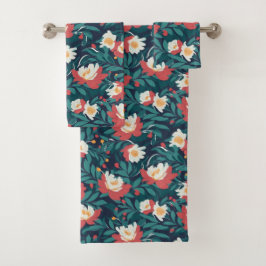 Conjunto De Toalhas Floral Vermelho e Branco