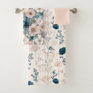Conjunto De Toalhas Floral Vintage em Aquarela Azul Rosa