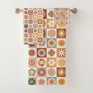Conjunto De Toalhas Floral Xadrez Groovy Retro