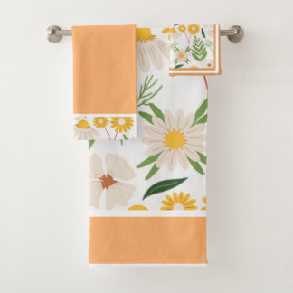 Conjunto De Toalhas Florals Daisies Trimed em Coral e Greenery