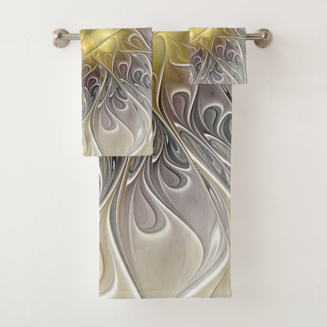Conjunto De Toalhas Floreio Com Dourada Flor Fractal Abstrato Moderna (Insitu)