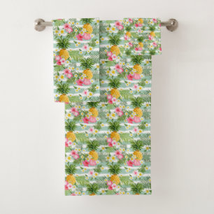 Conjunto De Toalhas Flores & abacaxi tropicais em listras da cerceta