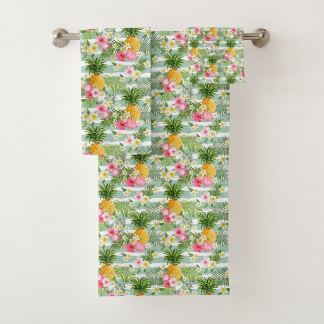Conjunto De Toalhas Flores & abacaxi tropicais em listras da cerceta (Insitu)