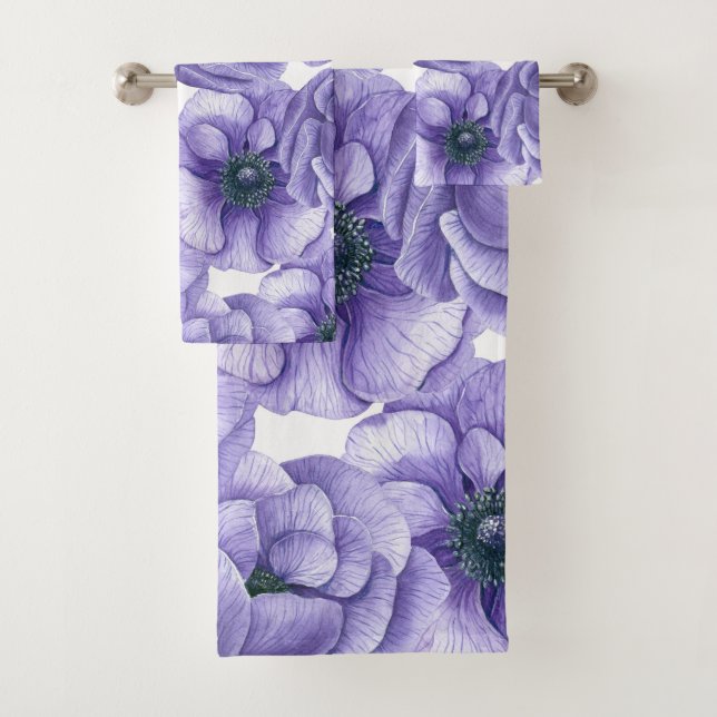 Conjunto De Toalhas Flores anêmonas violetas padrão aquarela (Insitu)