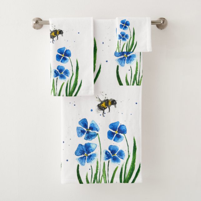 Conjunto De Toalhas Flores azuis Bumble Bee Flores Selvagens Aquarela (Insitu)