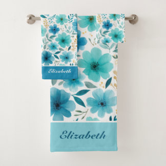 Conjunto De Toalhas Flores Azuis De Cores Aquáticas Nome Monograma Flo