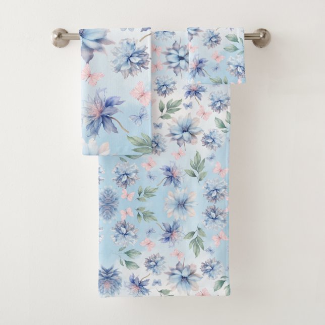 Conjunto De Toalhas Flores Azuis e Borboletas Rosa (Insitu)