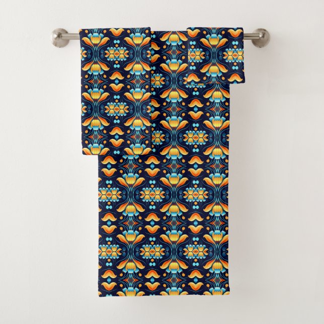 Conjunto De Toalhas flores azuis laranja Art Deco (Insitu)