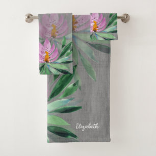 Conjunto De Toalhas Flores Bloom Lilac Cor-de-Água Rosa Monograma