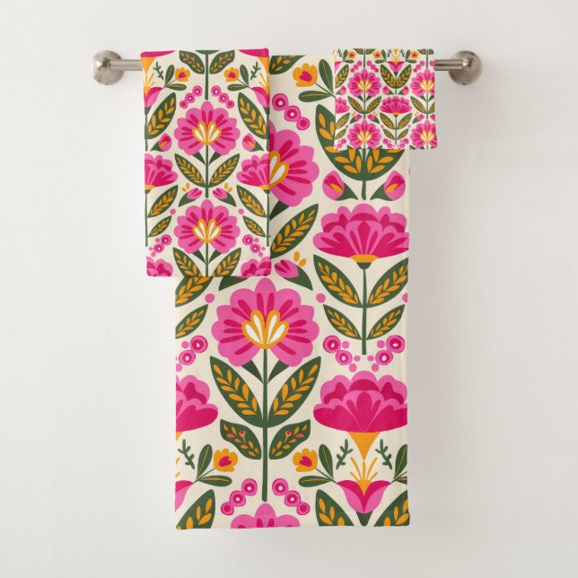 Conjunto De Toalhas Flores BOHO Mexican Talavera Fuchsia Rosa Floral (Insitu)