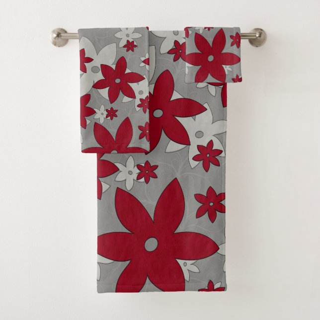 Conjunto De Toalhas Flores borgonhetas em cinzas leves e vinhas (Insitu)