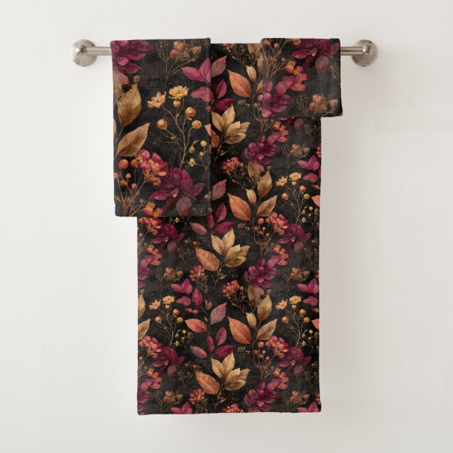 Conjunto De Toalhas Flores Botânicos Aquarela Dourado Borgonha Preto (Insitu)